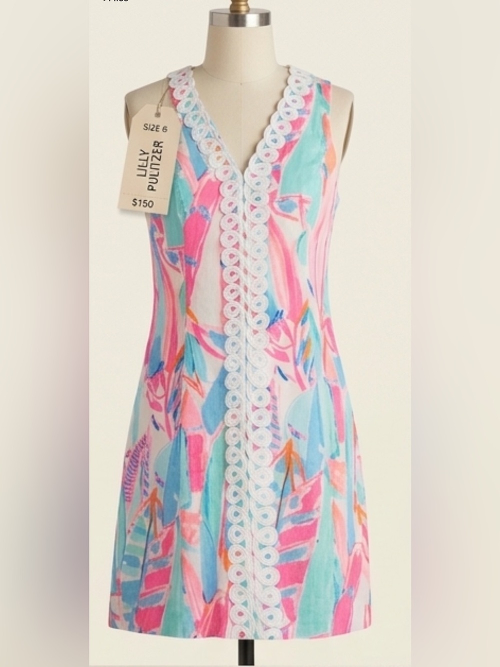 Lilly Pulitzer Pink, Aqua & Coral Tropical Print Dress with White Trim
